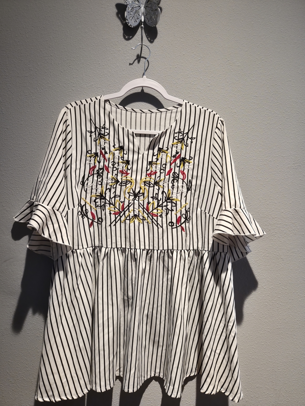 Striped Embroidered Ruffle-Sleeve Blouse - White with Black Stripes
